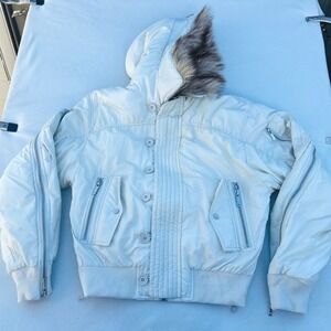 Racer Worldwide Beige‎ Nylon Aviator Bomber Jacket Split Hood Faux Fur NWT L